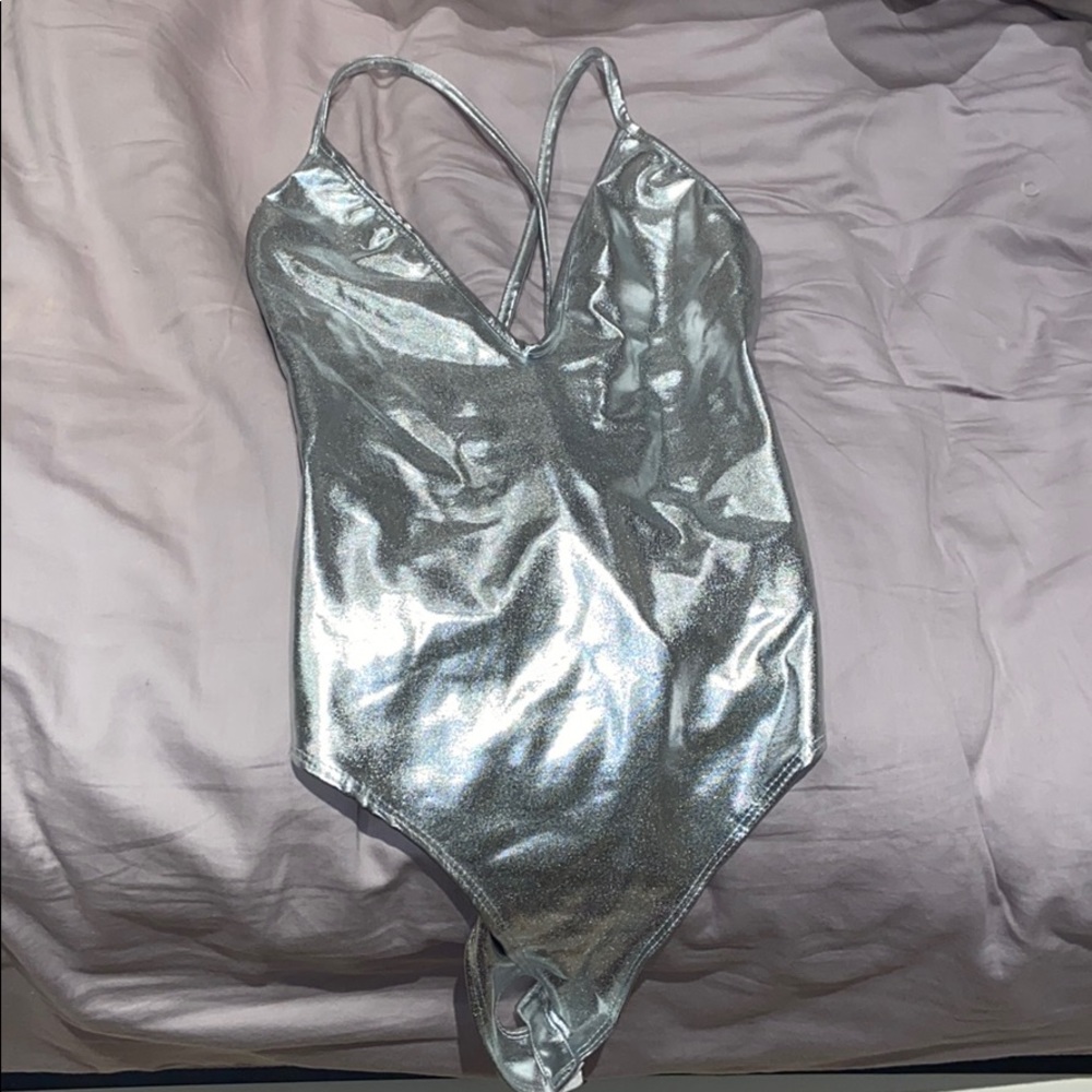 Silver metallic deep V cross back bodysuit